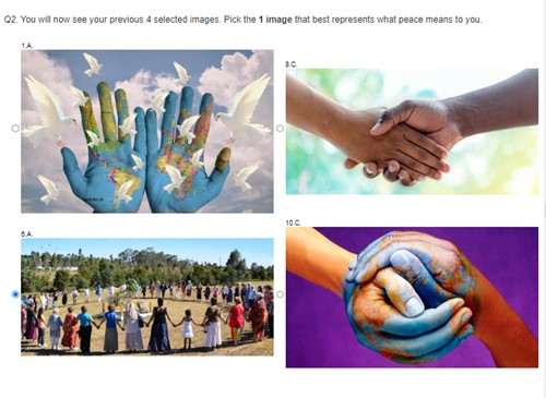 Image 2: A common selection (top 4 images) of existing peace images in the ‘image game’. In total participants saw 12 sequences of 4 images. By clicking on the images that best represented peace to them participants moved from 48 images to 12, 4, and eventually one final ‘best’ peace image. 
