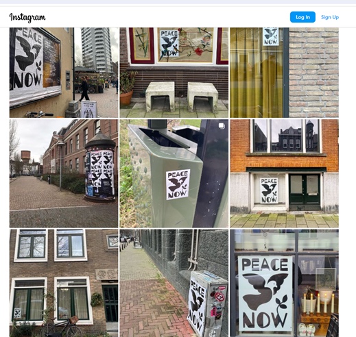 Image 2: Instagram screenshot of the ‘Peace Now’ poster initiative (@peace_now_nl). Poster design Max Kisman